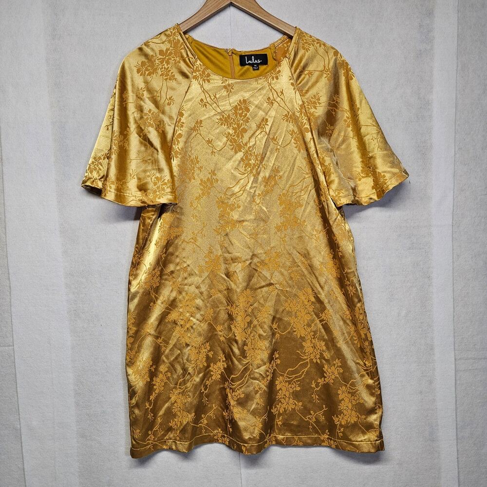 Lulus Gold Satin Short Sleeve Top Blouse Shiny Metallic Glam Medium M